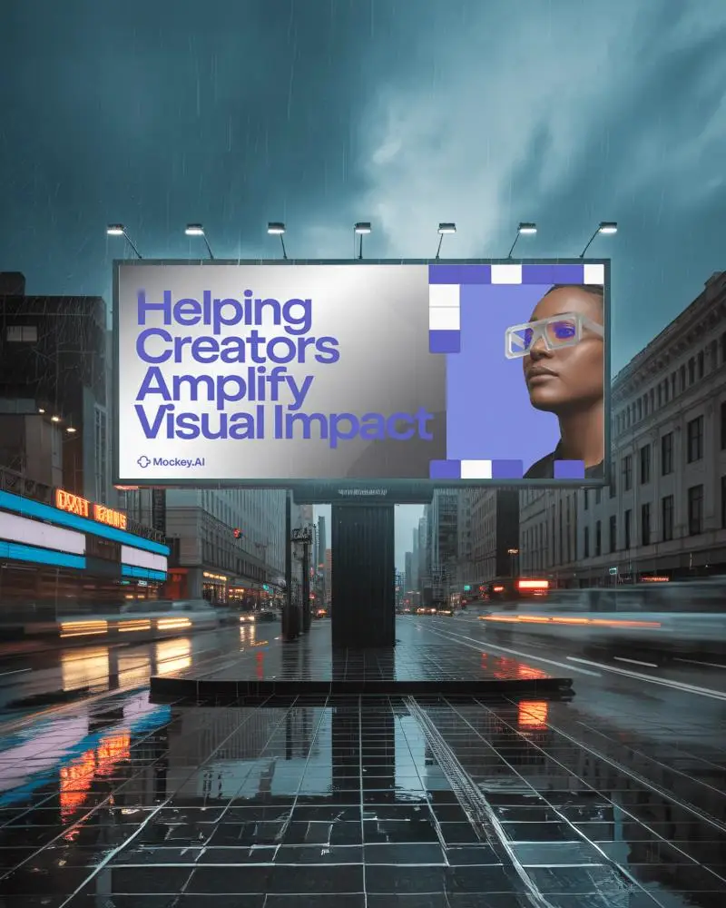 Cityscape Poster Display Rain Drops Reflective Sidewalk Traffic Light Trails Advertisement Space