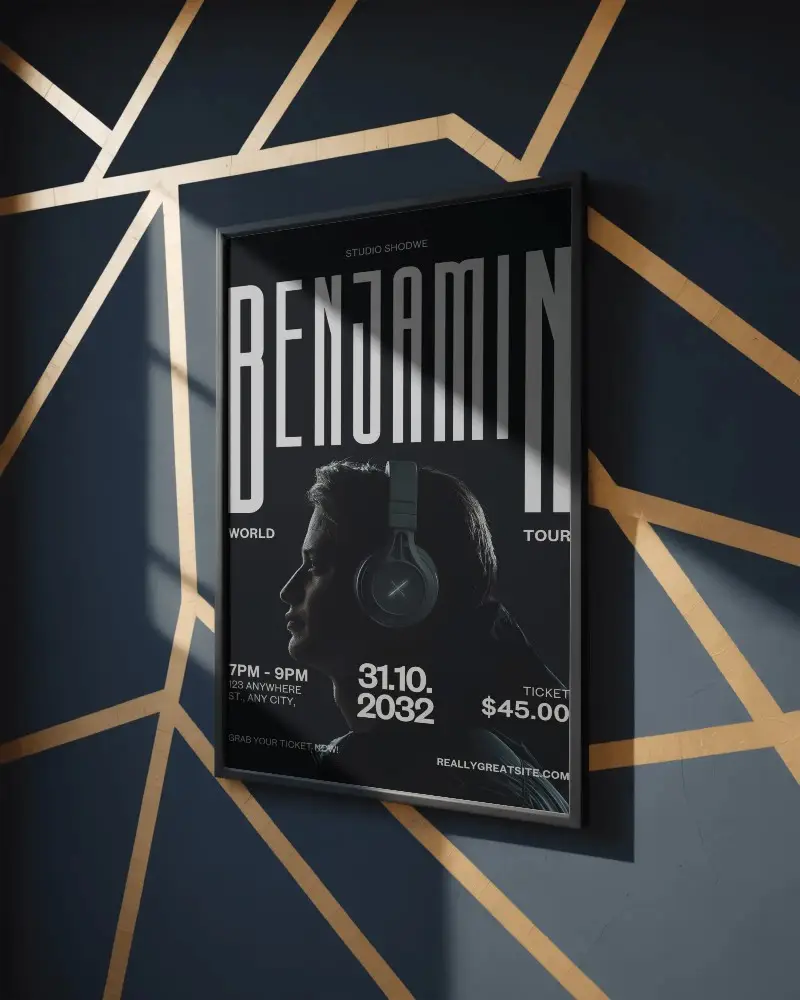 Modern Indoor Poster Mockup Hanging On Textured Wall With Geometric Abstract Background Pattern