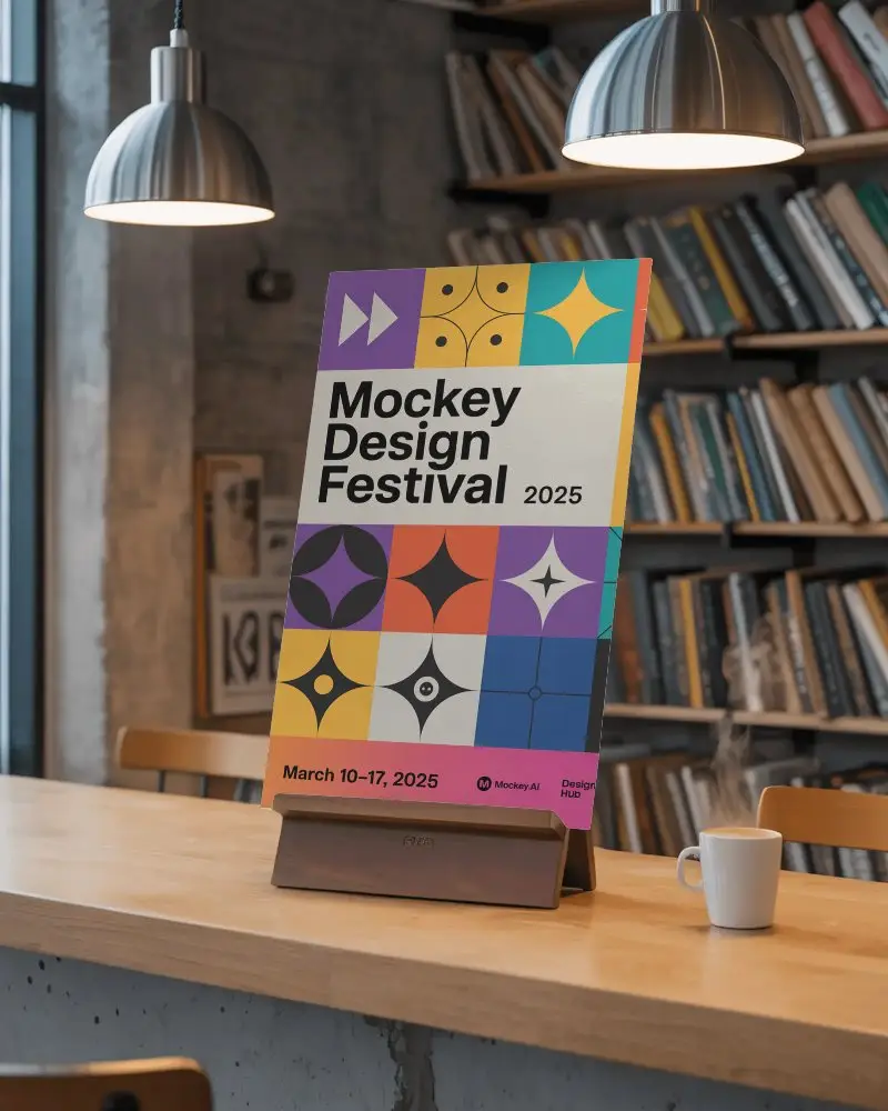 Realistic Standing Poster Mockup On Wooden Easel With Bookshelf Background And Lamp