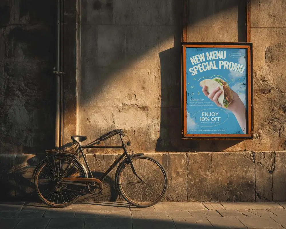 Rustic Urban Poster Mockup Scene With Old Bike Placed Next To Grungy Wall Mounted