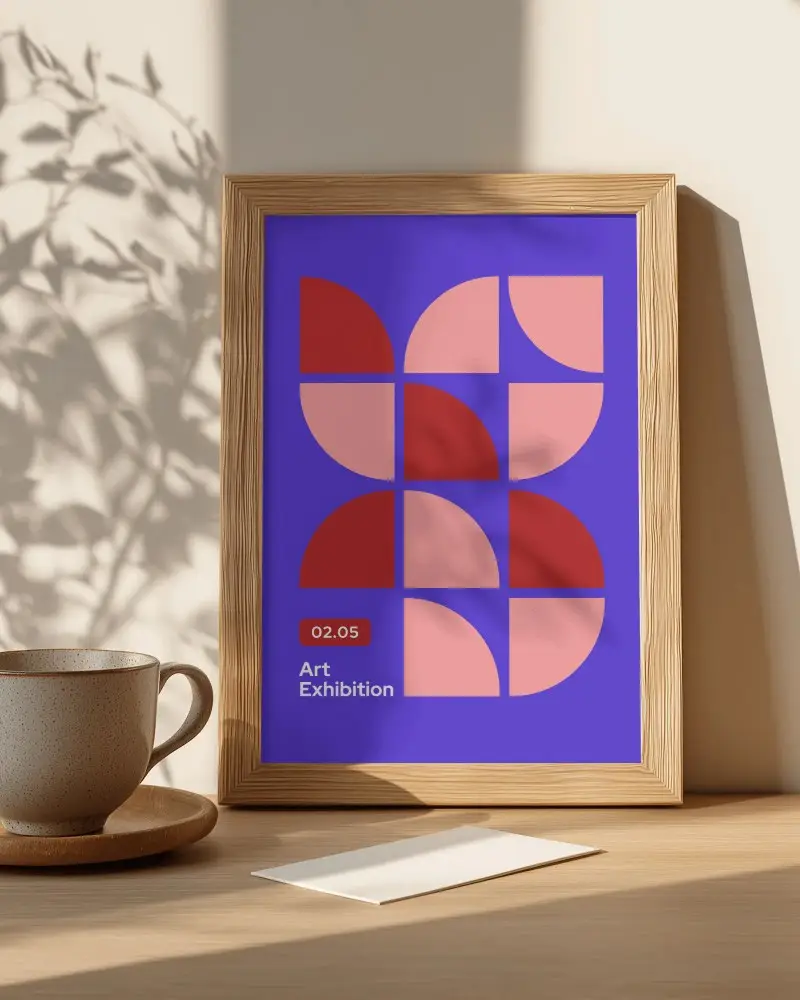 stylish-frame-poster-mockup-on-wooden-surface-with-delicate-leaf-shadow-and-cup-accessory