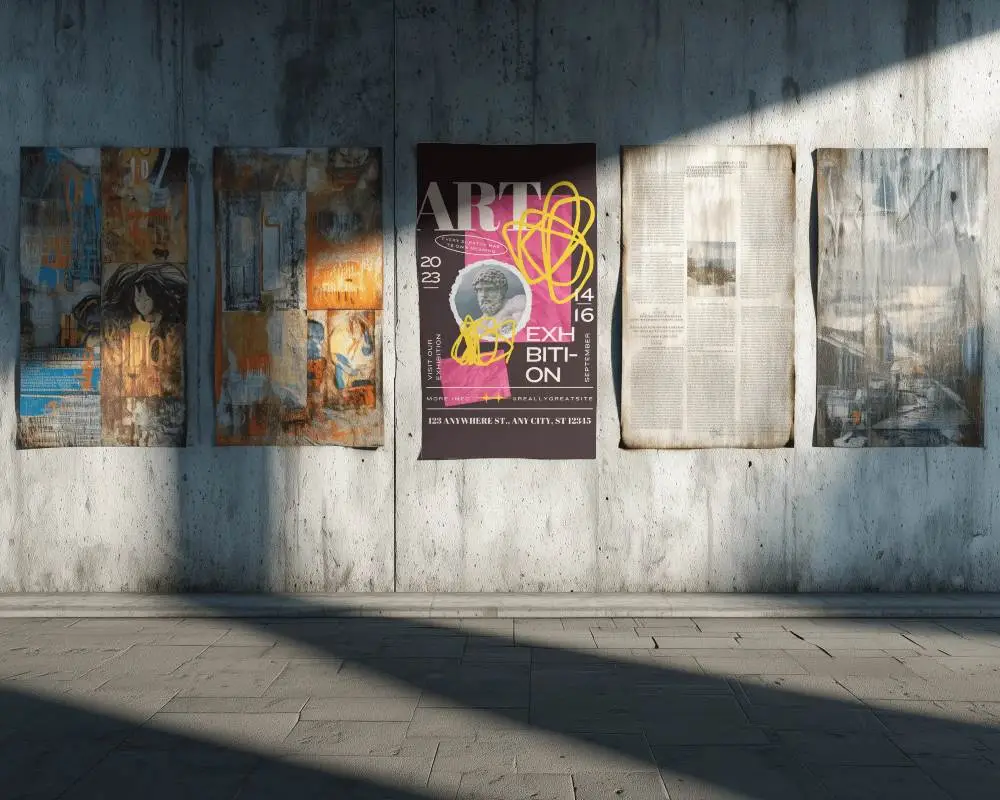gallery-poster-mockup-paper-on-weathered-concrete-wall-with-dramatic-shadow-and-textured-floor