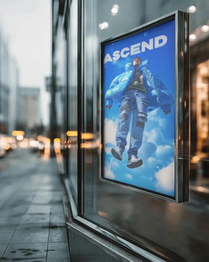 Urban Street Poster Mockup In Glass Window Display For Advertising Design Showcase