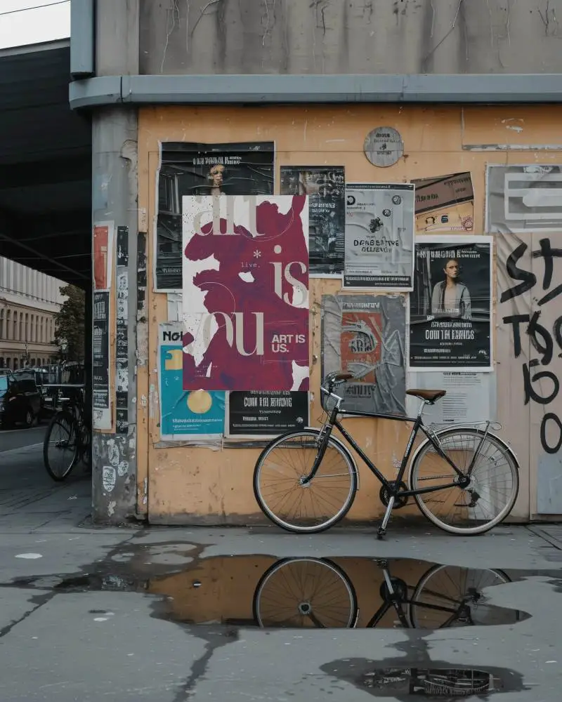 Urban Street Poster Mockup With Bicycle Reflection In Puddle Grungy Wall Background