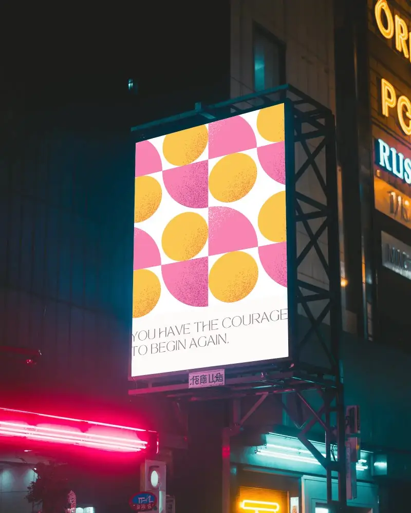 Illuminated Billboard Poster Mockup Cityscape Promotional Space Neon Signage Glow