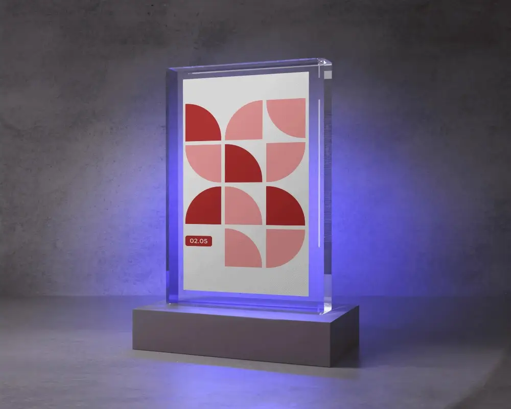 Futuristic Transparent Frame Poster Mockup On Minimalist Base With Glowing Background