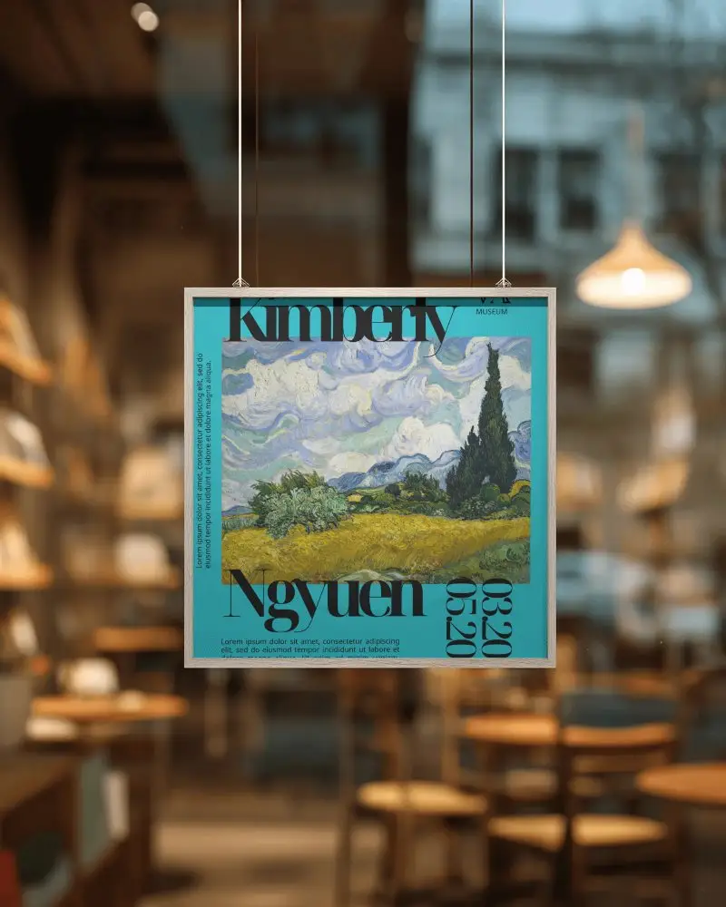 Square Poster Mockup Hanging In Cozy Cafe Interior For Advertising And Brand Presentation