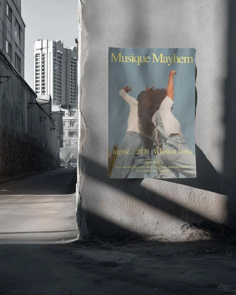 Realistic Urban Poster Mockup On Rough Wall With City Building Background Outdoor Display