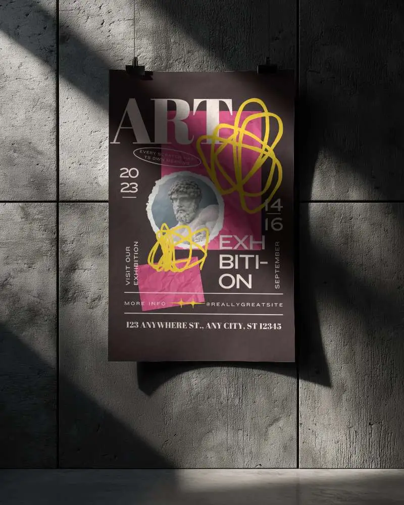 High Resolution Poster Mockup On Rough Concrete Wall With Strong Contrast And Shadows