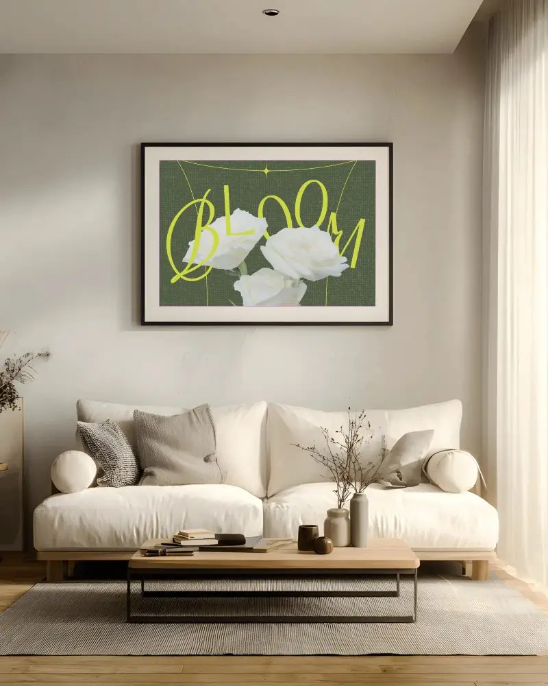 Modern Living Room Poster Mockup With Cozy Sofa And Minimalist Design For Art Display