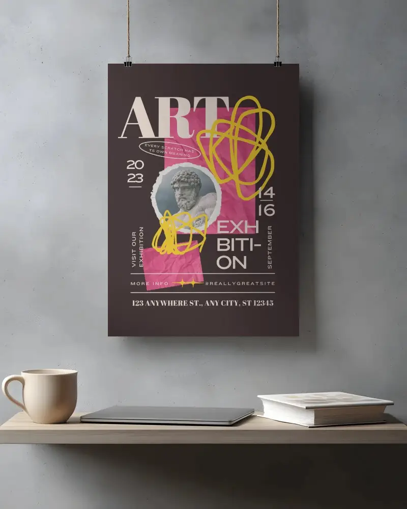 Vertical Poster Mockup Hanging In Stylish Room With Office Desk Accessories Background