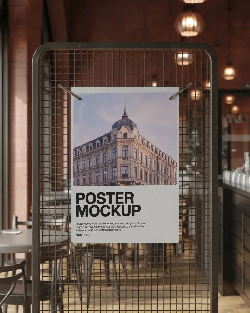 minimalistic-poster-mockup-on-industrial-grid-stand-inside-loft-style-dining-area-background