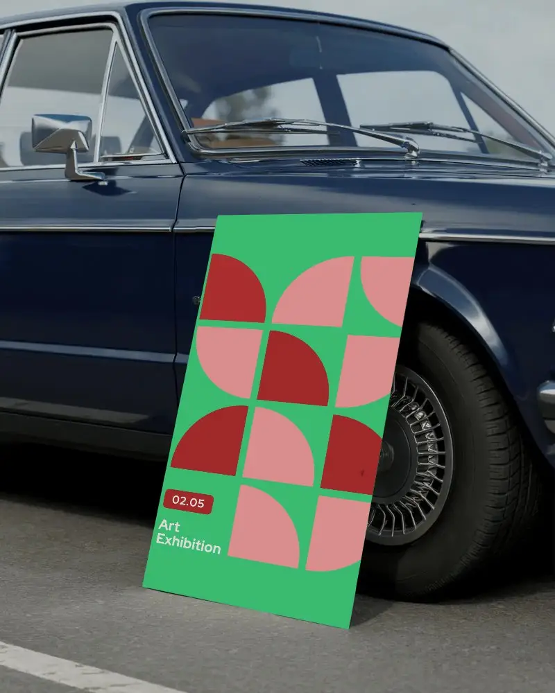 Full Length Outdoor Poster Mockup Leaning Against Classic Car For Urban Marketing