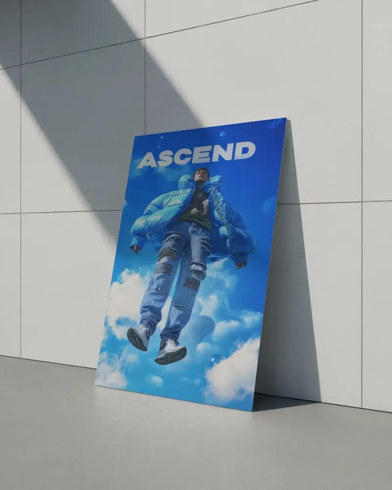 Angled Clean Poster Mockup On Smooth Floor Backdrop For Design Presentation Use