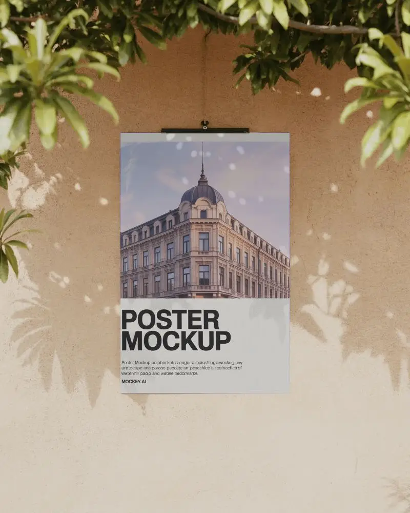 Outdoor Poster Mockup Hanging On Textured Wall With Natural Light And Leaf Shadows