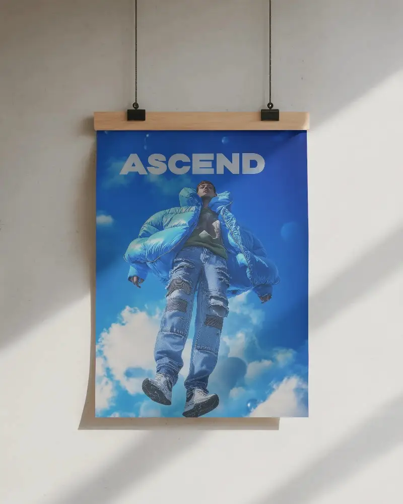 Minimal Poster Mockup With Wooden Hanger And Realistic Natural Light Shadow Effects