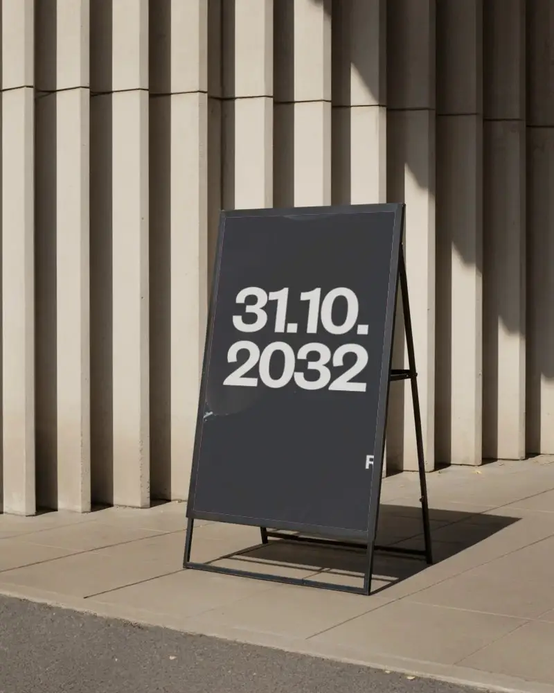 Freestanding Outdoor Poster Mockup On Modern Architecture Building Pedestrian Sidewalk Design