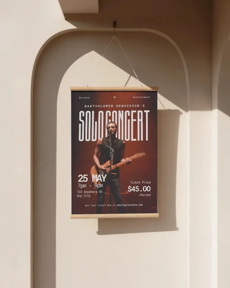 Vertical Paper Poster Mockup Hanging On String In Archway Wall Setting