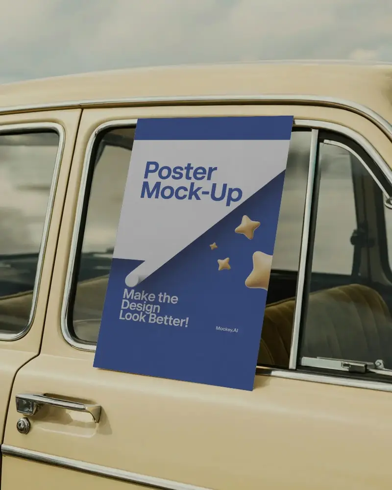 Vintage Car Window Poster Mockup Outdoor Retro Style Advertising Display Creative Presentation