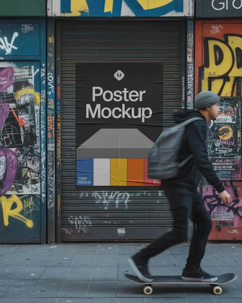 Realistic Street Poster Mockup On Textured Metal Panel Surrounded By Colorful Graffiti