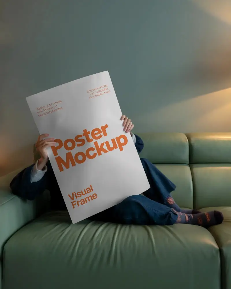 Cozy Interior Poster Mockup Person Holding On Sofa Relaxed Home Atmosphere Creative Display