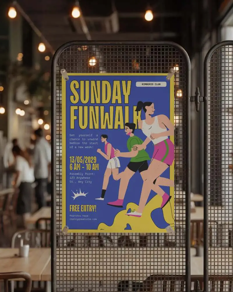 Cafe Interior Poster Mockup Hanging Metal Grid Cozy Warm Restaurant Environment Display