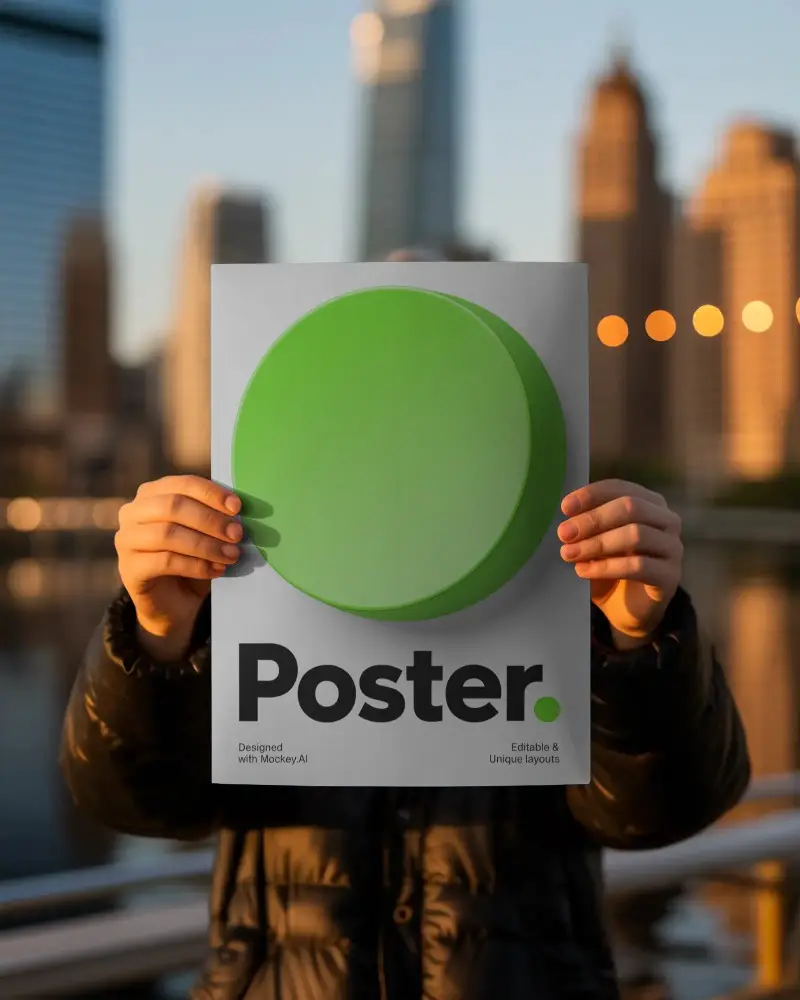 City Sunset Poster Mockup Held By Person Urban Skyline Background Evening Lighting Display