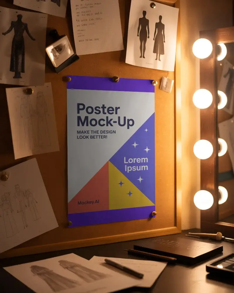 Fashion Studio Poster Mockup On Moodboard With Sketches Creative Designer Workspace Display