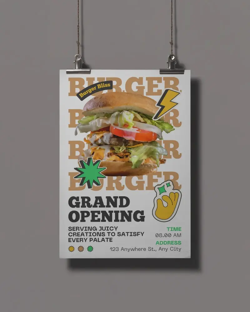 Hanging Paper Poster Mockup With Metal Clips On Smooth Wall For Showcase