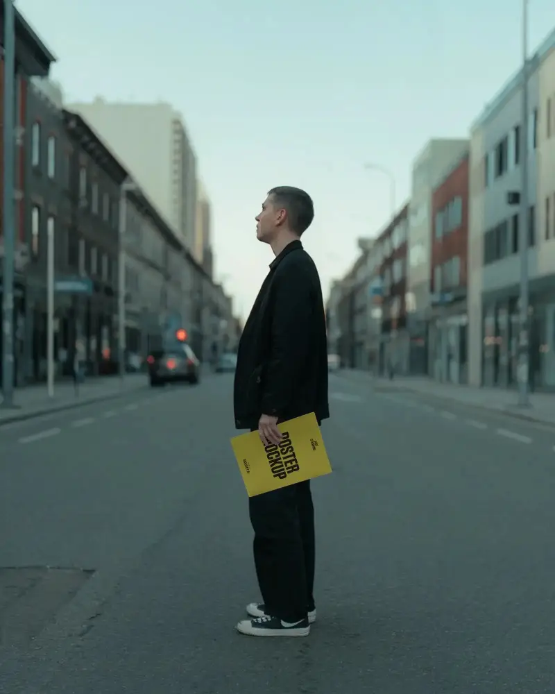 Outdoor Street Poster Mockup Person Standing In Urban City Road Minimal Fashionable Display
