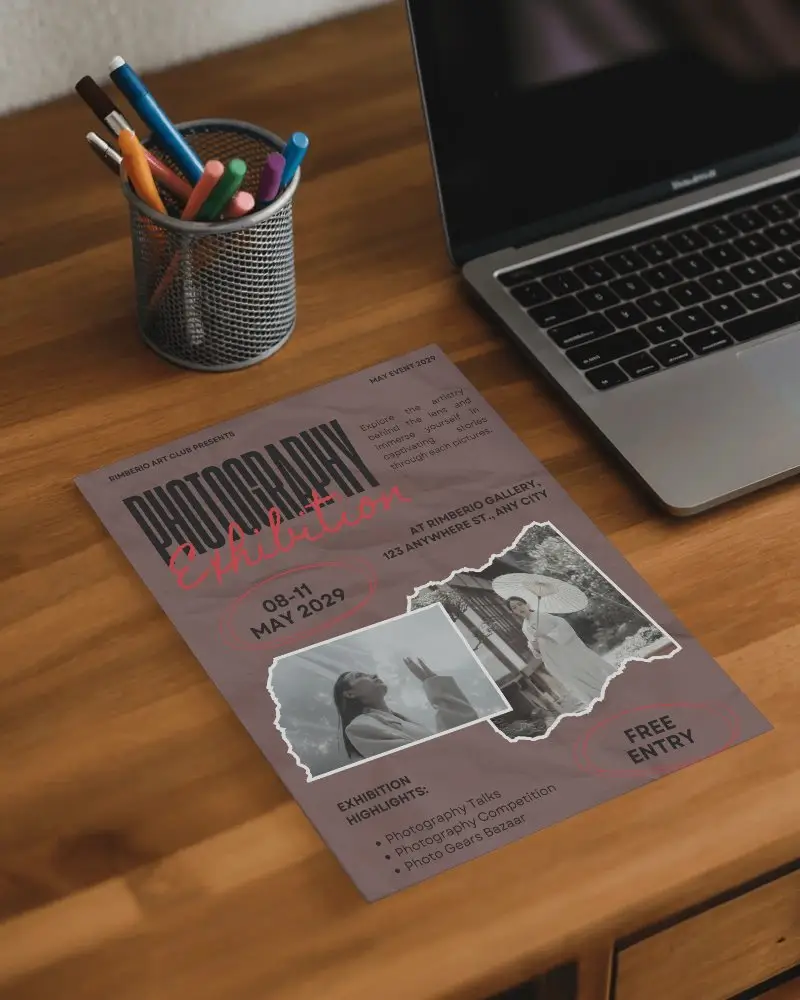 Blank Poster Mockup On Wooden Desk With Laptop And Pen Holder For Design Display