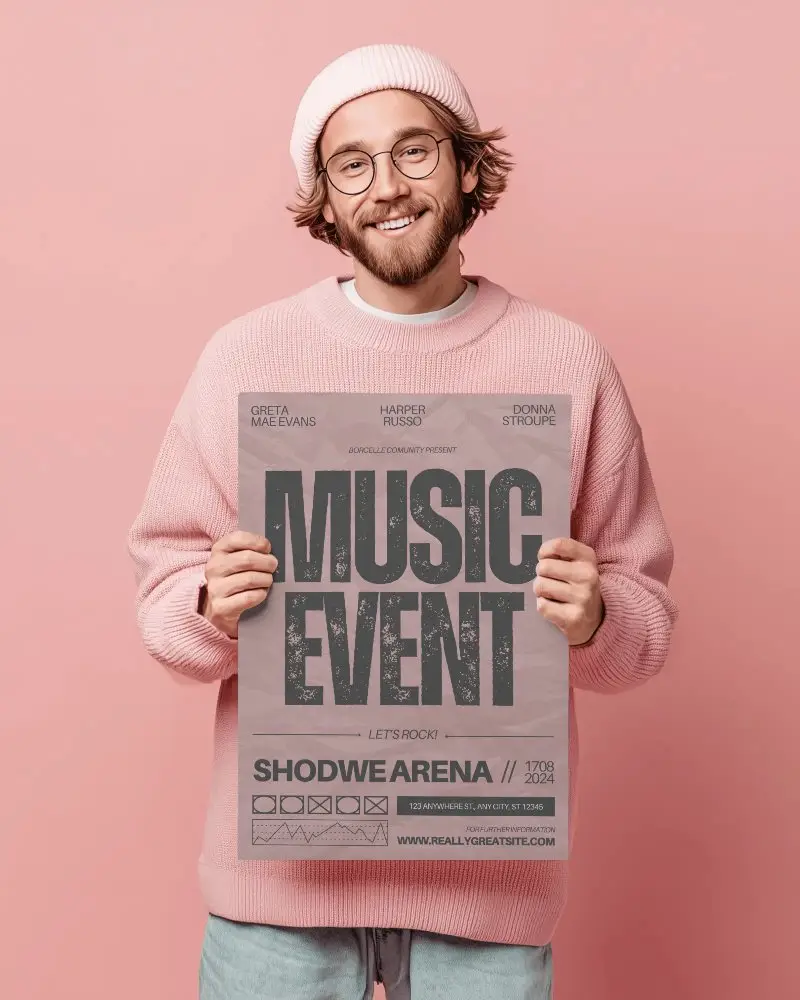 Cheerful Young Man Holding Blank Poster Urban Fashion Studio Background Mockup Template