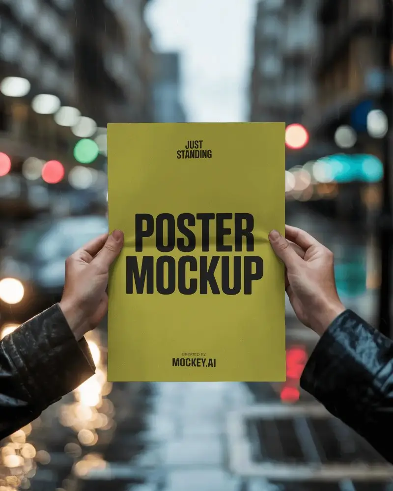 Urban Streetstyle Hands Holding Folded Poster Mockup Rainy City Bokeh Background