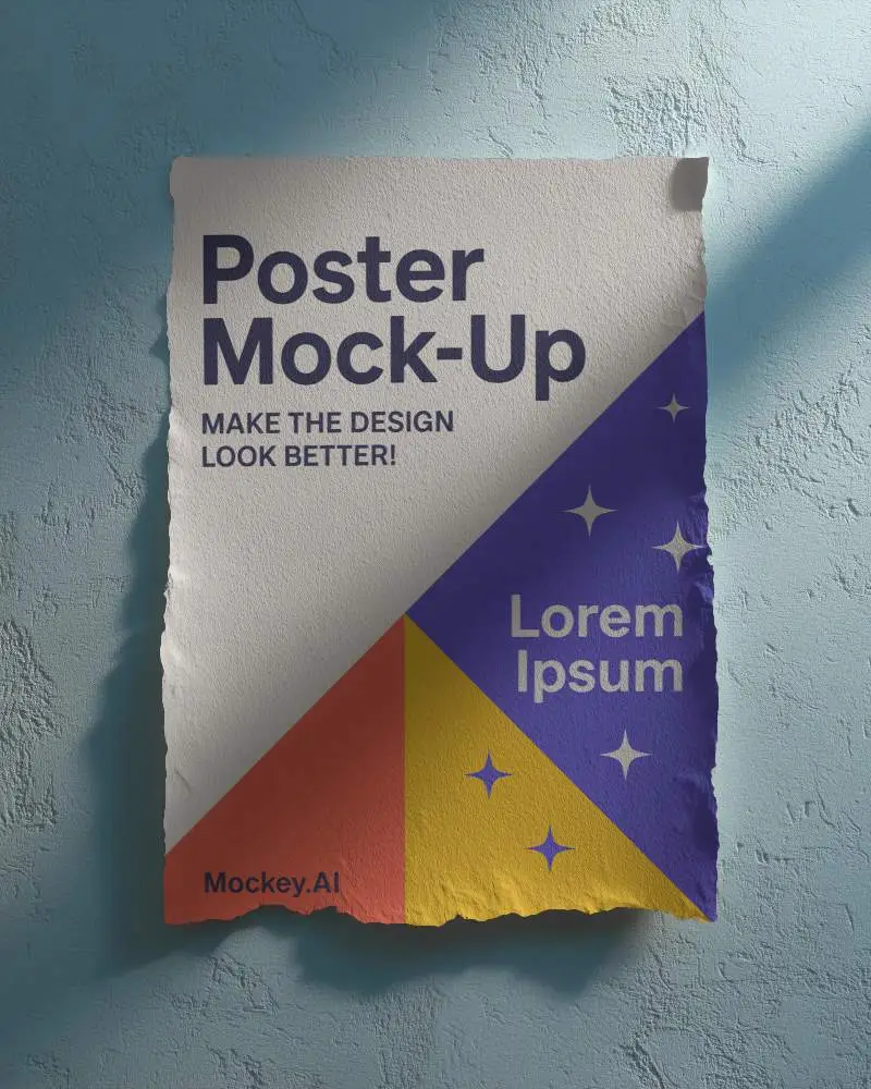 Textured Rough Edge Poster Mockup Hanging On Walled Background With Natural Light Shadow