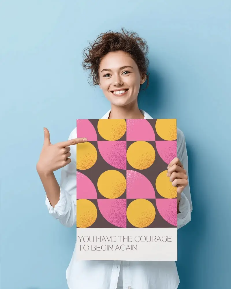 Cheerful Young Woman Holding Blank Poster Mockup For Promotional Materials