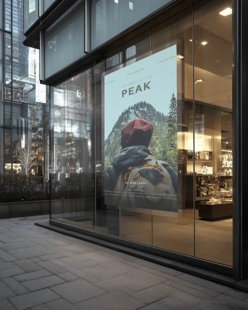 Large Blank Poster Mockup Hanging In Modern Glass Storefront Window Urban Street View
