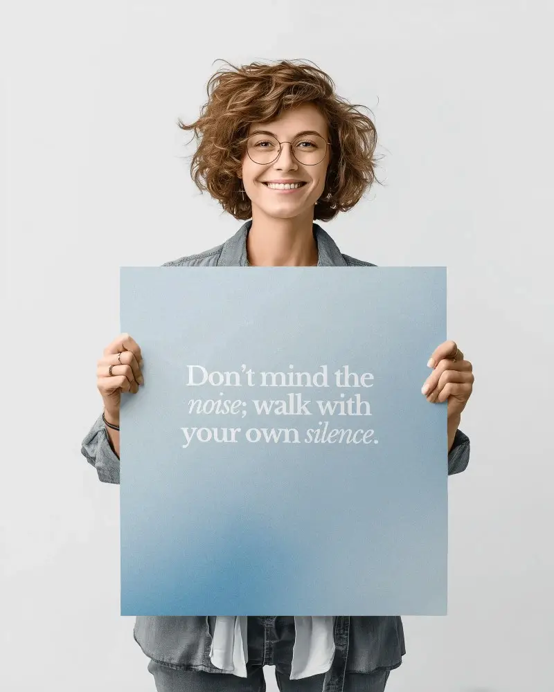 Smiling Woman Holding Blank Square Poster Mockup For Advertisement Or Promotion Use