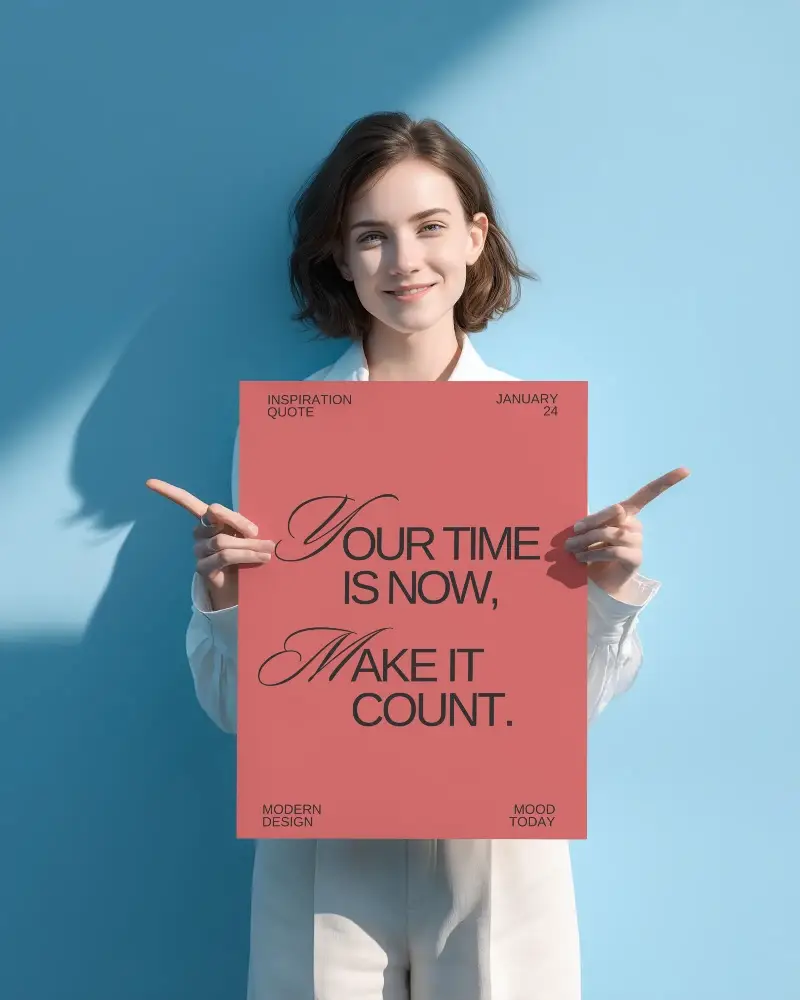 Woman Holding Blank Poster Mockup In Studio Background Pointing Sideways For Advertising