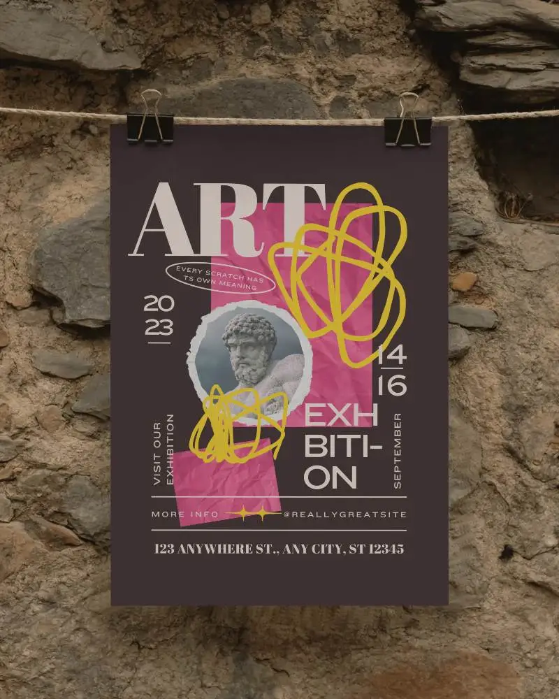 Vertical Paper Poster Mockup Attached With Metal Clips On String Against Rock Wall