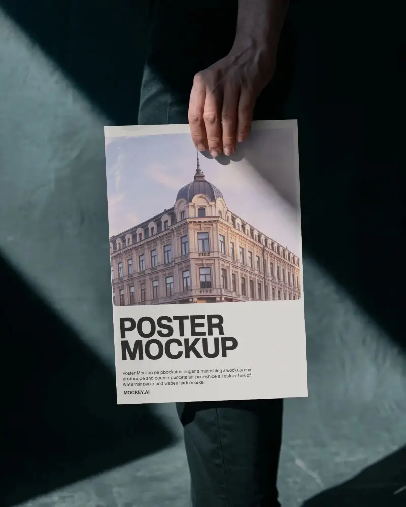 Person Holding Empty Vertical Poster Mockup For Design Presentation Or Marketing