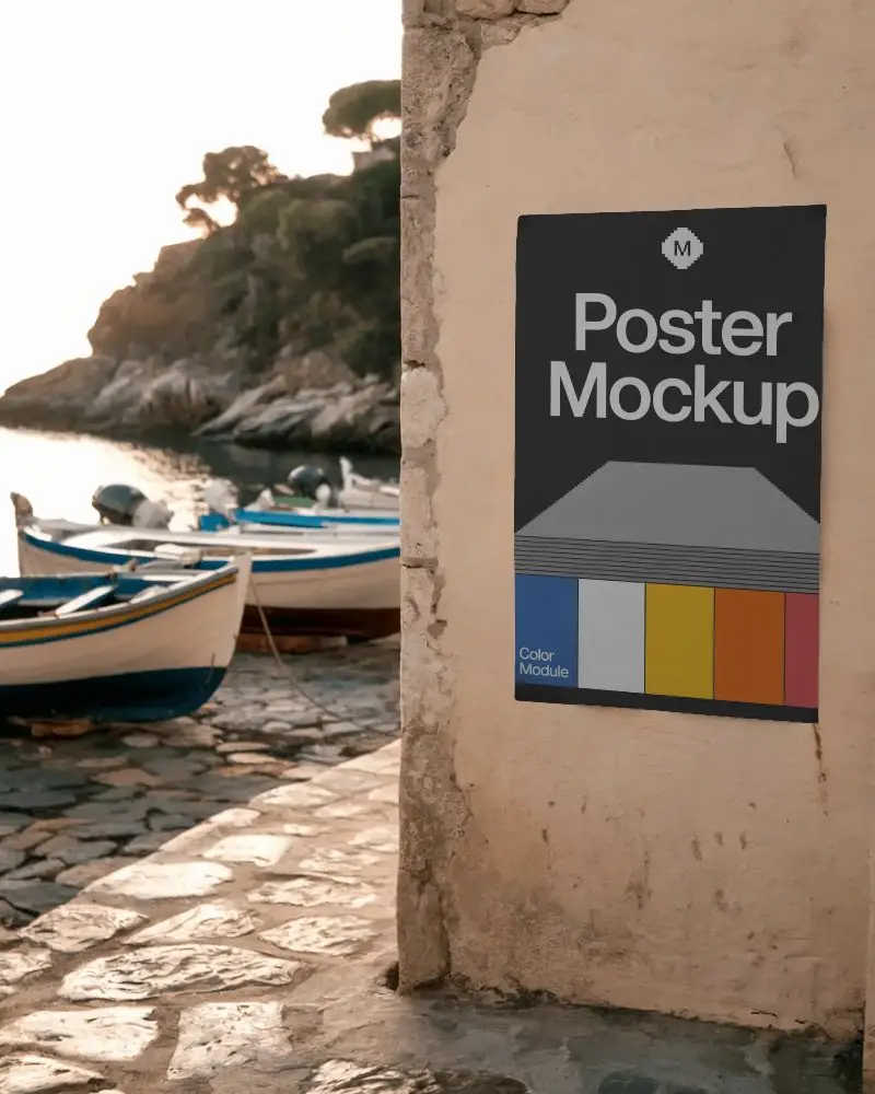 Coastal Poster Mockup Display On Textured Surface Next To Waterfront Pathway With Anchored Boats