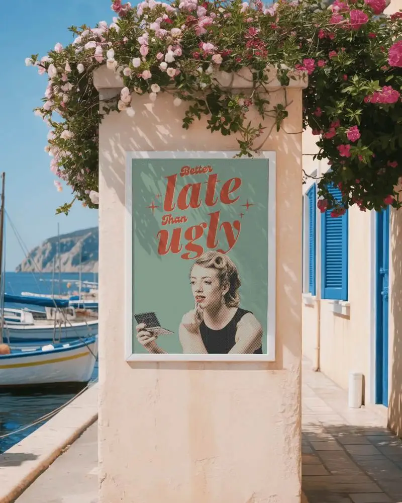 Coastal Poster Mockup Outdoor Wall With Floral Vines And Scenic Harbor Background View