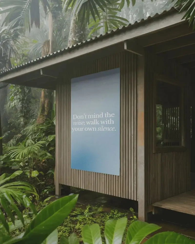 Outdoor Poster Mockup Attached To Corrugated Wooden Wall With Jungle Leaves Background