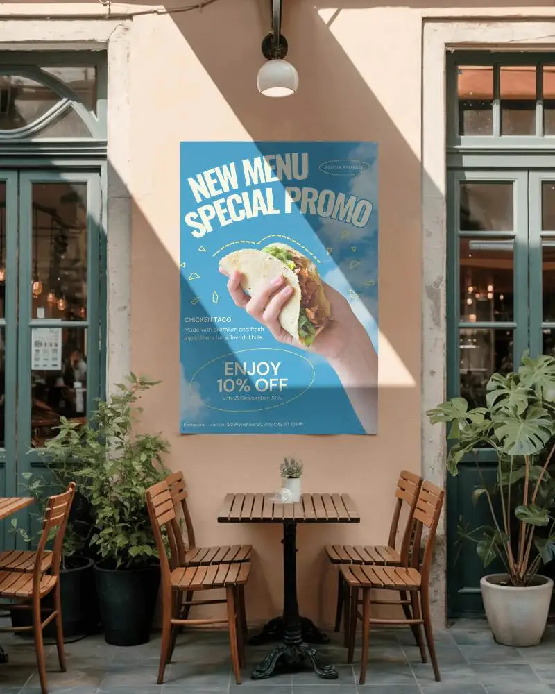 Outdoor Cafe Dining Area With Poster Mockup On Wall For Advertising Display