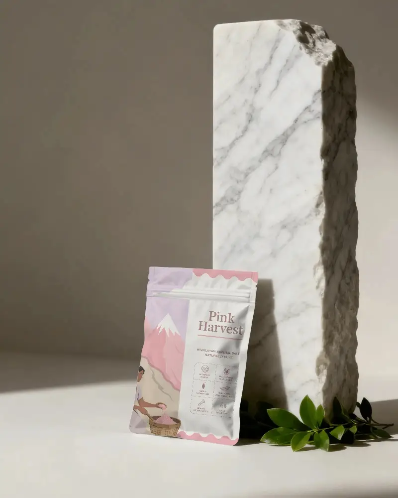 Premium Stand Up Pouch Packaging Mockup With Marble Backdrop And Greenery Visual