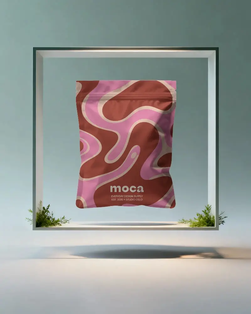 Reusable Zipper Pouch Mockup Floating In Geometric Frame With Natural Greenery