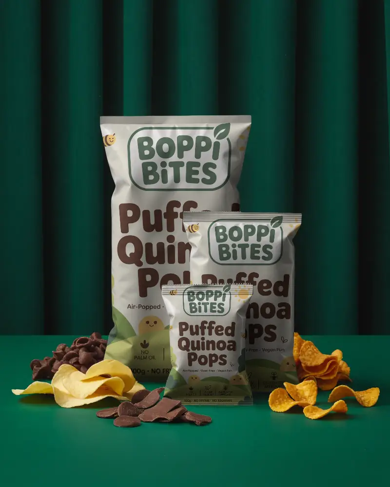 High Quality Snack Pouch Mockup With Various Snack Options On Modern Background