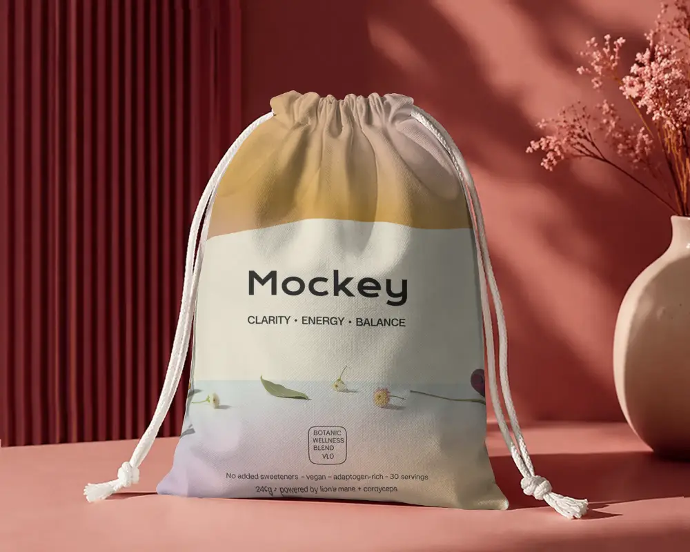 High Quality Fabric Drawstring Pouch Mockup For Custom Branding And Retail Use