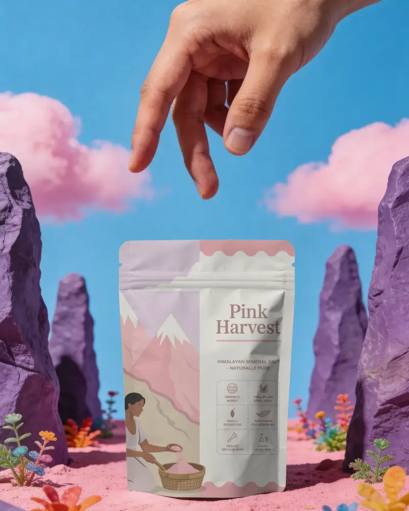 Realistic Zipper Pouch Mockup With Hand Isolated On Surreal Landscape Background Scene