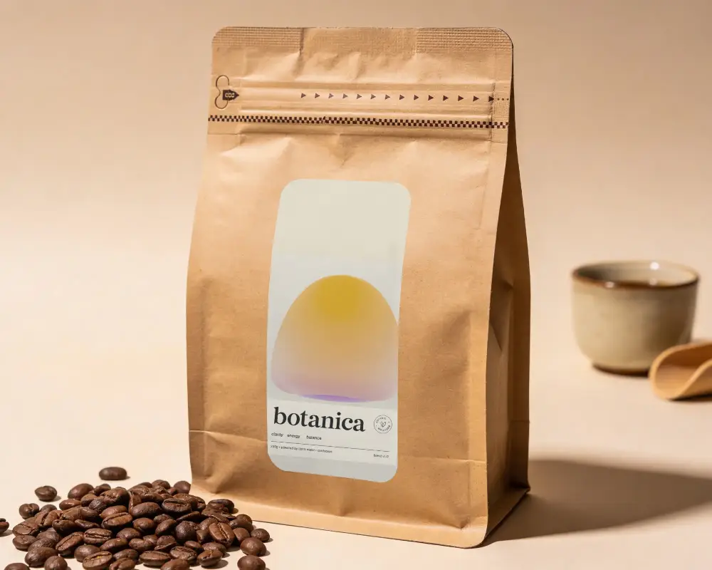 Eco Friendly Kraft Paper Pouch Mockup With Zipper Seal For Coffee Beans And Ground Beverages